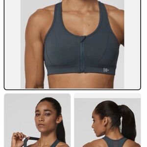 yvette enfold zip front mesh racerback padded running bra in grey